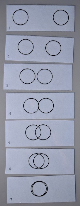 seven cards, each with a picture of a pair of increasingly overlapping circles on it