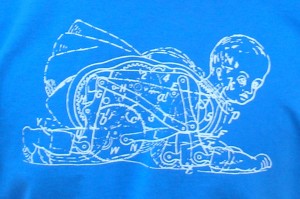 Descartes' mechanical baby in white on blue