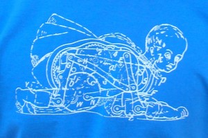 mechanical baby Descartes' mechanical baby in white on blue