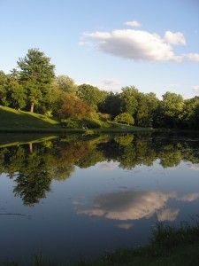 Sunset Lake mirror _green trees and a hill across a lake, reflected in the water_