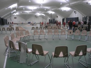 calm before the storm: circle of chairs in Walker Bay 5 before an intense day of fencing competition