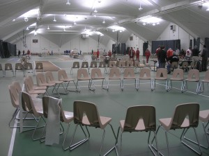 Circle Time calm before the storm: circle of chairs in Walker Bay 5 before an intense day of fencing competition