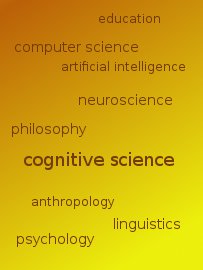 _yellow-orange gradient background with word cloud showing fields influencing cognitive science: education computer science artificial intelligence neuroscience philosophy anthropology linguistics psychology_