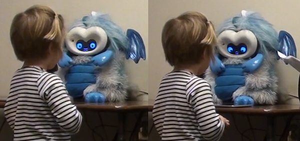 A child learns a new word with a DragonBot Two panels: In the first, a child looks at a dragon robot, which looks at her while saying a word; in the second, the child watches the robot look down at a tablet