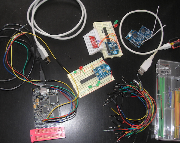 Glorb prototyping breadboard with wires, xbee radios, LEDs, and other electronics parts
