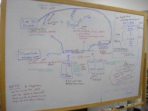 an organizational white board _a white board covered in colorful diagrams_