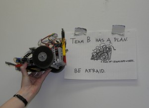 _a robot, a pile of legos and wires, held up next to a paper sign depicting said robot_