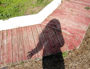 _shadow of a girl on the ground, tan bark below red plank walkway below green weeds_