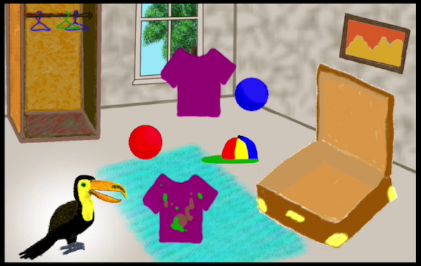 Scene in the literacy game scene from a tablet app showing a toucan looking at things in a bdroom: a suitcaes, a closet, shirts, balls, a hat